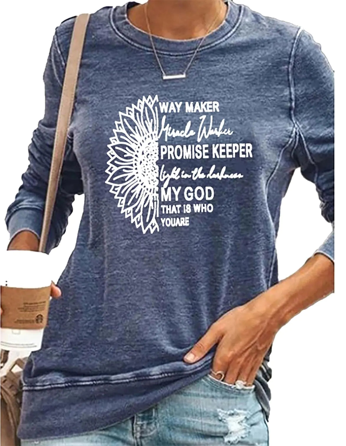 LLuao Waymaker Miracle Worker Christian Sunflower Long Sleeve Religious Gifts Sweatshirt Tops Blue 2XL